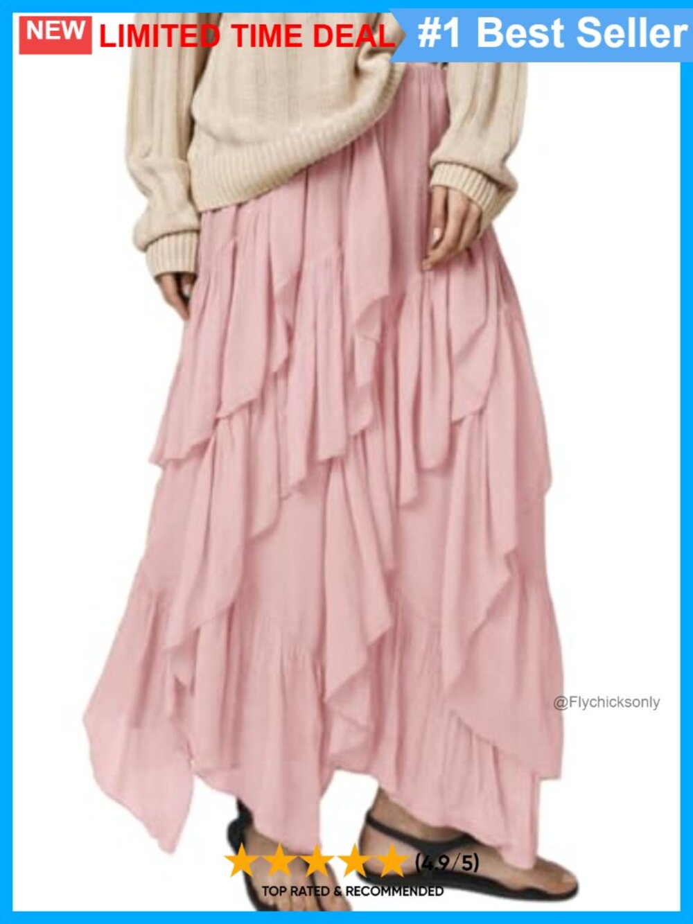 Ruffle Maxi Skirt Long Flowy Tiered Elastic Waist Pull On Casual